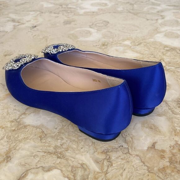 NEW! Royal Blue Satin & Crystal Buckle Embellishment Hangisi Ballet Flats - Picture 4 of 9